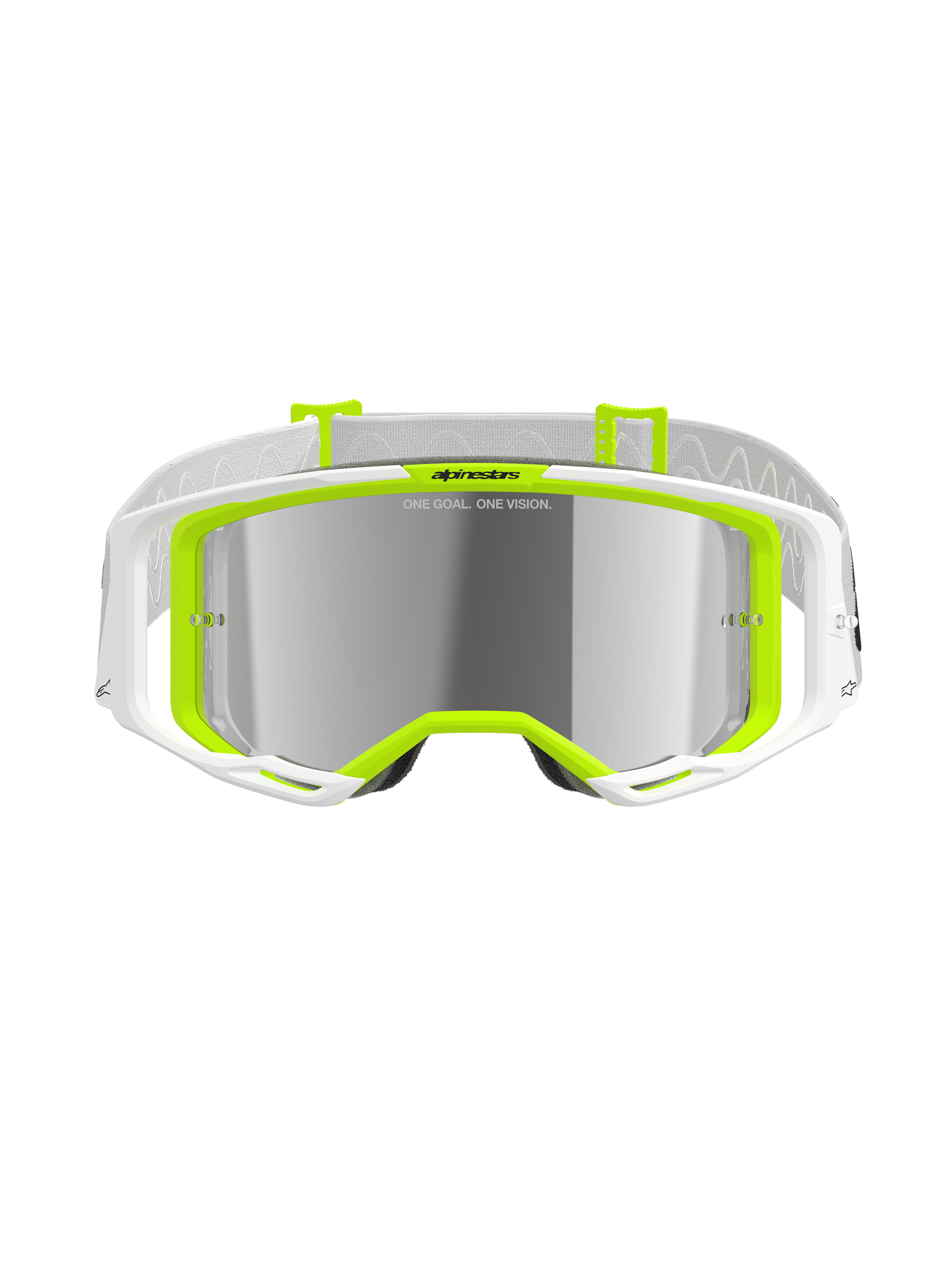 Óculos Alpinestars Vision 8 Wordmark, óculos de motocross, branco e amarelo néon, lente espelhada prateada com o texto 'ONE GOAL. ONE VISION.', amplo campo de visão, correia branca com pormenores cinzentos, óculos de alta performance para todo-o-terreno