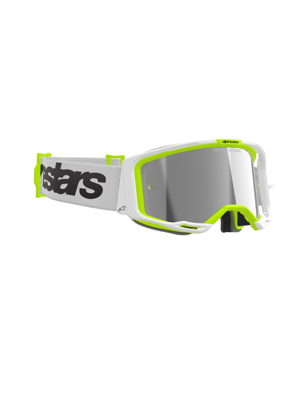 Alpinestars Vision 8 Wordmark Goggles, óculos de motocross, armação branca e amarelo néon, lente prateada espelhada, correia tecida branca com logótipo preto em destaque, proteção ocular de alto desempenho para todo-o-terreno