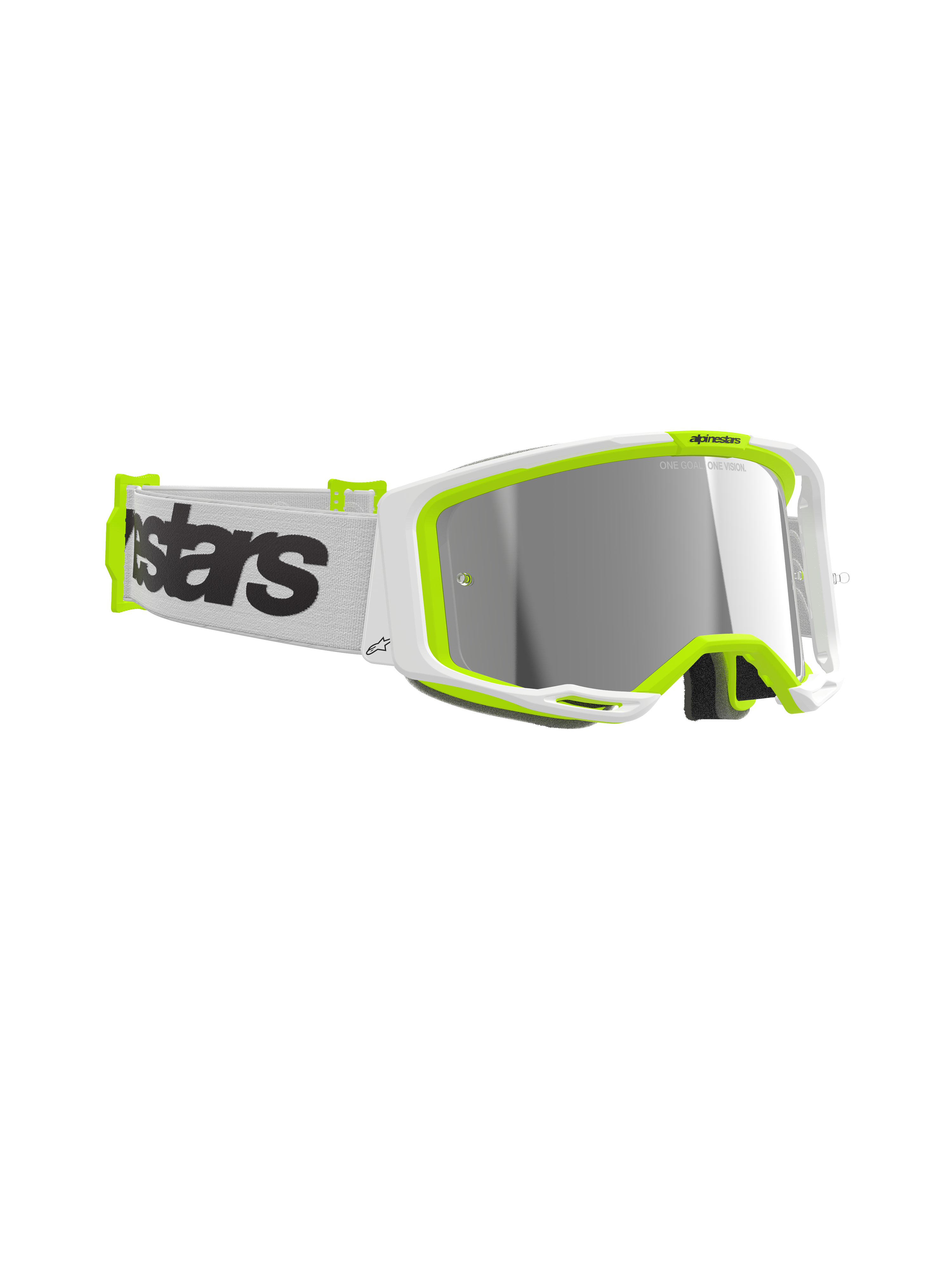 Alpinestars Vision 8 Wordmark Goggles, óculos de motocross, armação branca e amarelo néon, lente prateada espelhada, correia tecida branca com logótipo preto em destaque, proteção ocular de alto desempenho para todo-o-terreno