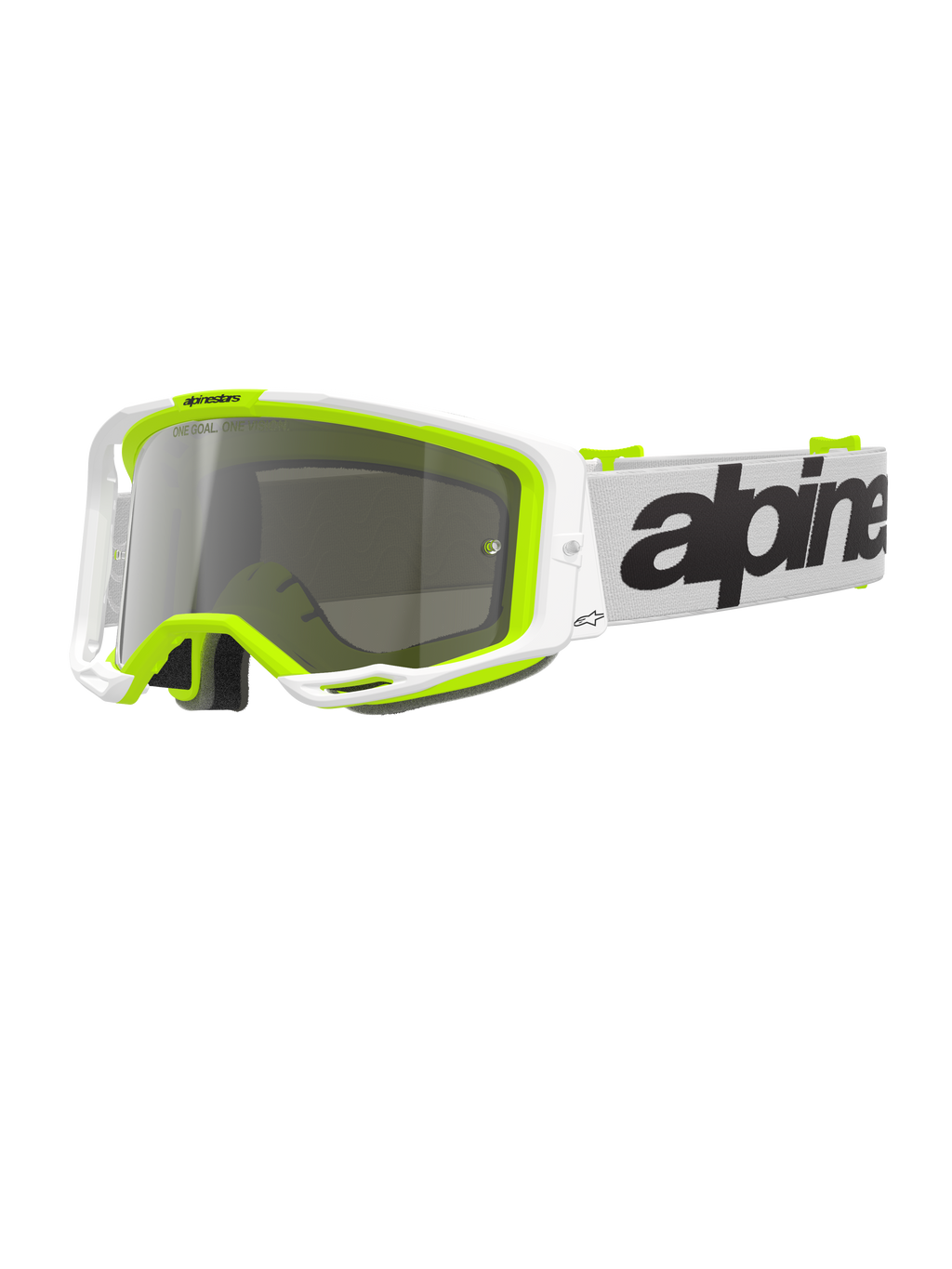 Óculos Alpinestars Vision 8 Wordmark, óculos de motocross, armação branca e amarelo fluorescente com lente espelhada prateada, correia branca com logótipo preto em destaque e armação A-FLEX para desempenho em corridas todo-o-terreno
