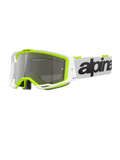 Óculos Alpinestars Vision 8 Wordmark, óculos de motocross, armação branca e amarelo fluorescente com lente espelhada prateada, correia branca com logótipo preto em destaque e armação A-FLEX para desempenho em corridas todo-o-terreno