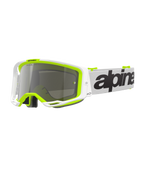 Óculos Alpinestars Vision 8 Wordmark, óculos de motocross, armação branca e amarelo fluorescente com lente espelhada prateada, correia branca com logótipo preto em destaque e armação A-FLEX para desempenho em corridas todo-o-terreno