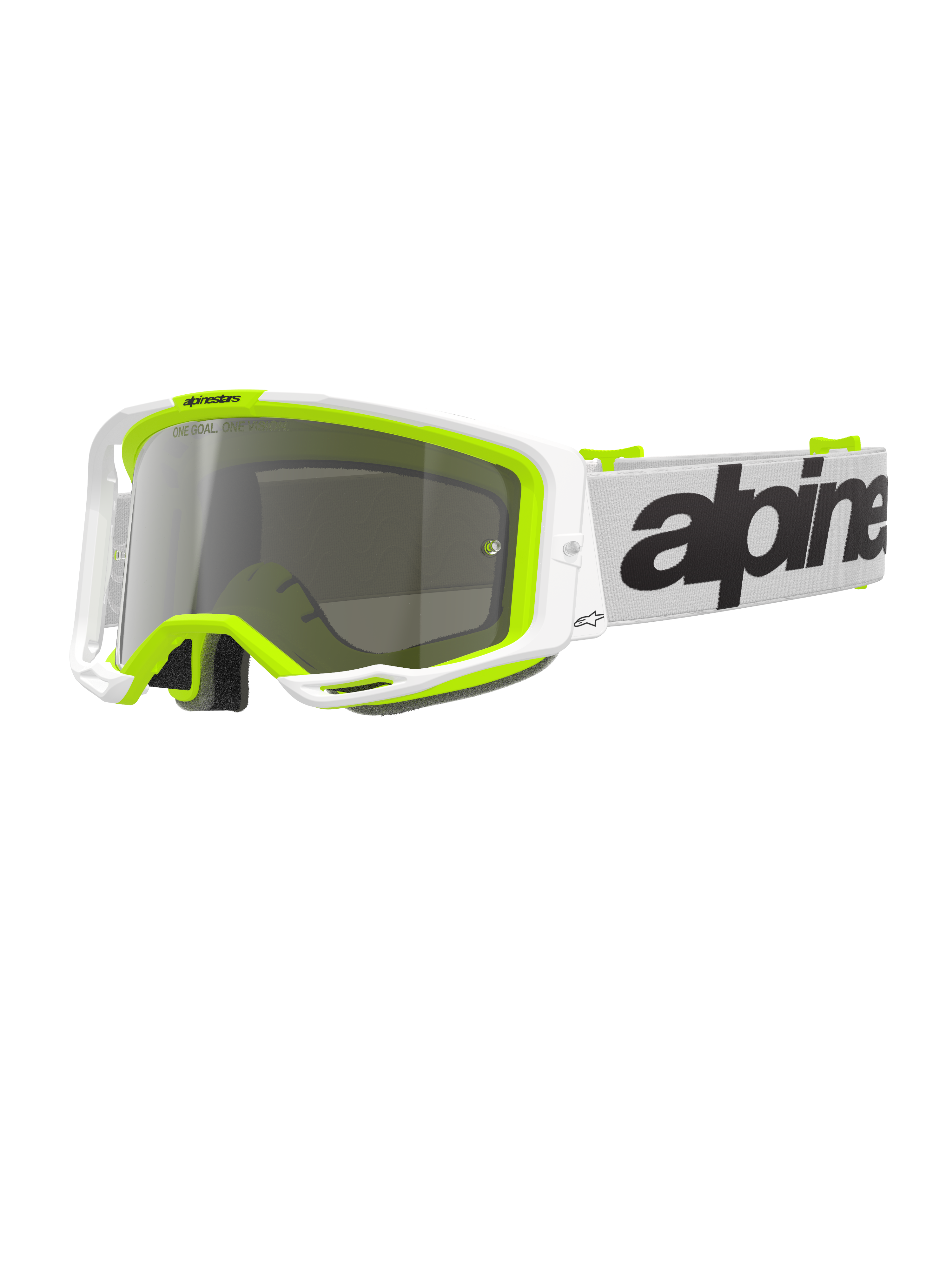Óculos Alpinestars Vision 8 Wordmark, óculos de motocross, armação branca e amarelo fluorescente com lente espelhada prateada, correia branca com logótipo preto em destaque e armação A-FLEX para desempenho em corridas todo-o-terreno