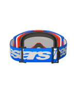 Alpinestars Vision 8 Wordmark Goggles, Motocross Goggles, Blue Orange Mirror Red, rear view featuring a blue woven strap with white Alpinestars wordmark, internal 3D molded face foam, and black adjustment buckles