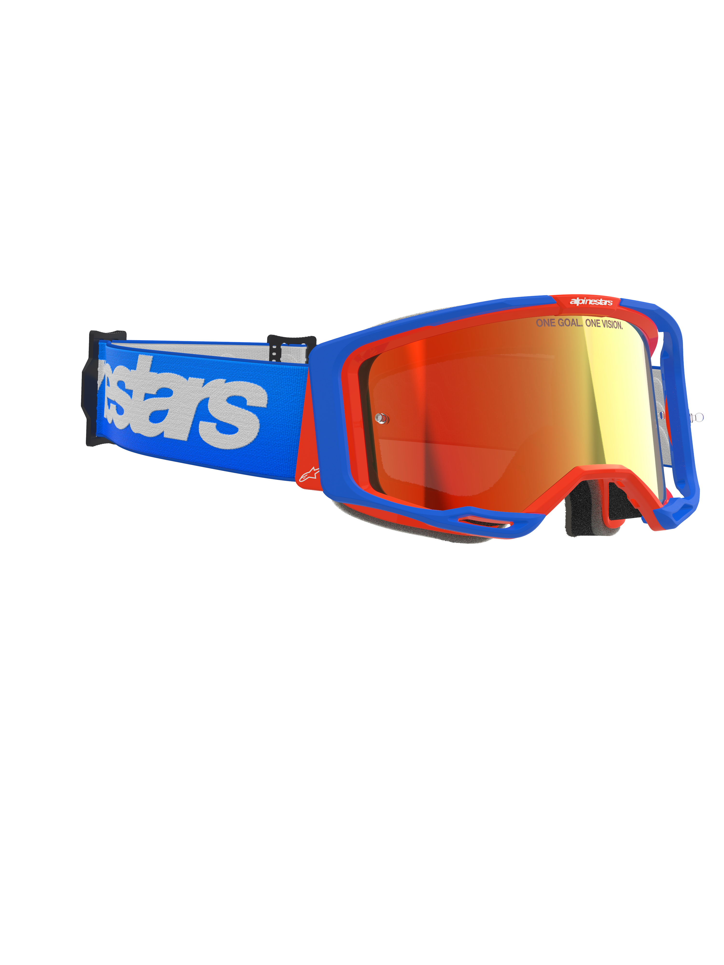 Alpinestars Vision 8 Wordmark Goggles, Motocross Goggles, Blue and Orange frame with Red Mirror Lens, blue strap with large white Alpinestars branding, performance protective eyewear for off-road racing
