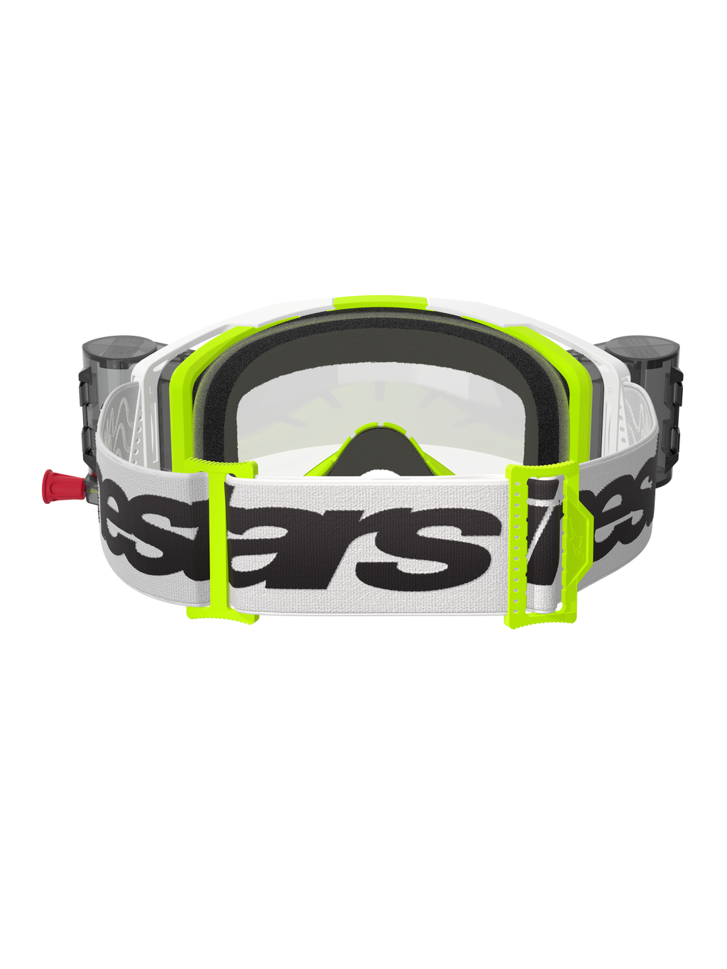 Alpinestars Vision 8 Wordmark Goggles Roll Off, óculos de motocross, branco e amarelo fluorescente, vista traseira mostrando a fita branca com logótipo preto, fivelas amarelo néon, espuma facial moldada em 3D preta e reservatórios do sistema roll-off integrados