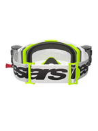 Alpinestars Vision 8 Wordmark Goggles Roll Off, óculos de motocross, branco e amarelo fluorescente, vista traseira mostrando a fita branca com logótipo preto, fivelas amarelo néon, espuma facial moldada em 3D preta e reservatórios do sistema roll-off integrados