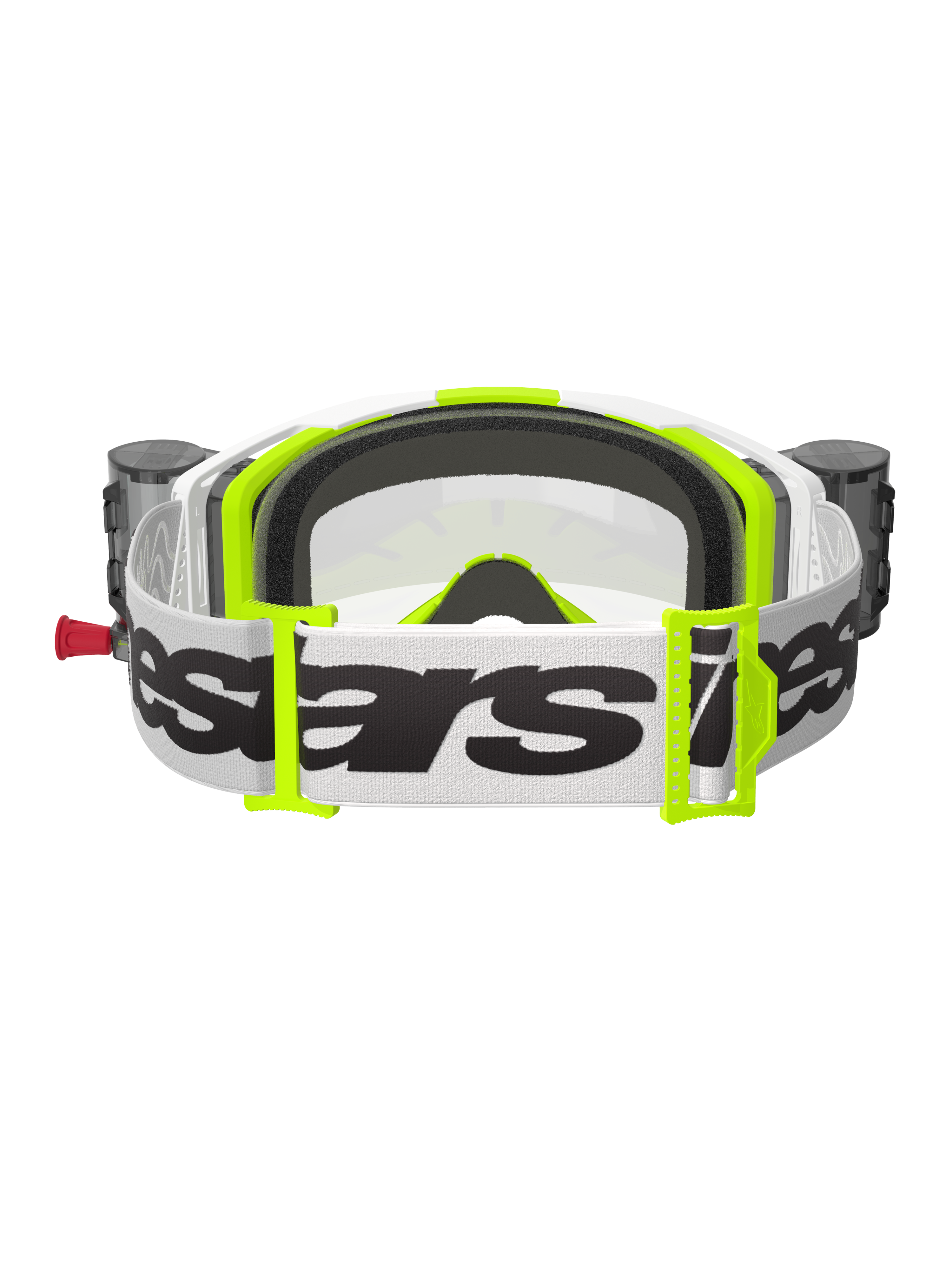 Alpinestars Vision 8 Wordmark Goggles Roll Off, óculos de motocross, branco e amarelo fluorescente, vista traseira mostrando a fita branca com logótipo preto, fivelas amarelo néon, espuma facial moldada em 3D preta e reservatórios do sistema roll-off integrados