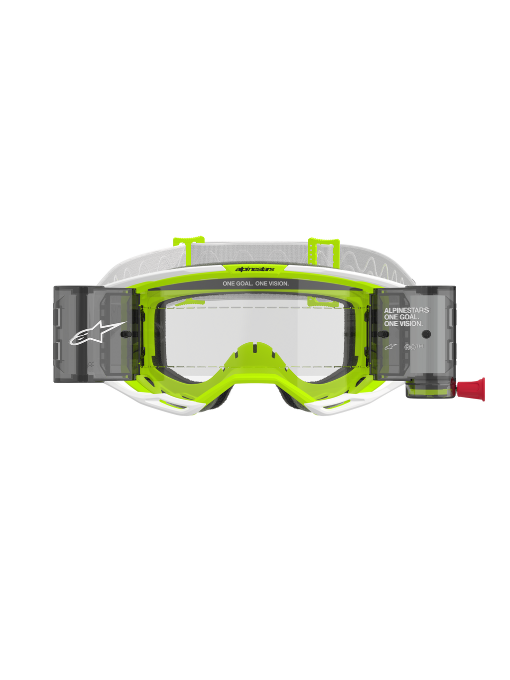 Óculos Alpinestars Vision 8 Wordmark Roll Off, armação branca e amarelo fluorescente, lente transparente com recipientes do sistema roll-off integrados, correia tecida branca, com a inscrição 'ONE GOAL. ONE VISION.', proteção ocular profissional para motocross.