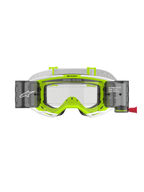 Óculos Alpinestars Vision 8 Wordmark Roll Off, armação branca e amarelo fluorescente, lente transparente com recipientes do sistema roll-off integrados, correia tecida branca, com a inscrição 'ONE GOAL. ONE VISION.', proteção ocular profissional para motocross.