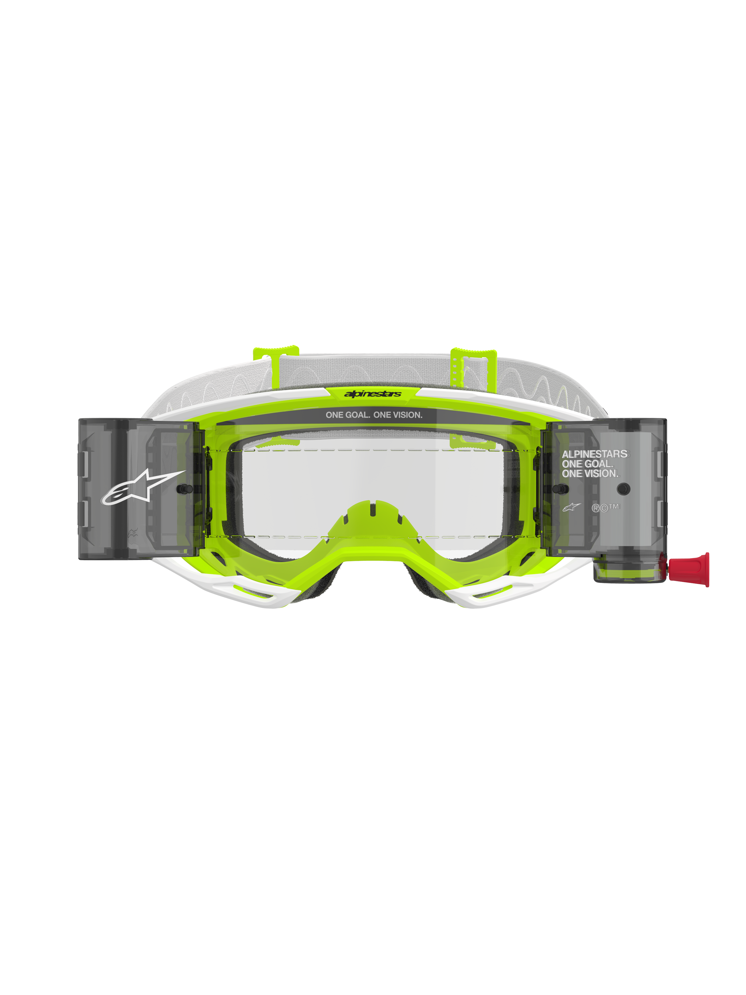 Óculos Alpinestars Vision 8 Wordmark Roll Off, armação branca e amarelo fluorescente, lente transparente com recipientes do sistema roll-off integrados, correia tecida branca, com a inscrição 'ONE GOAL. ONE VISION.', proteção ocular profissional para motocross.