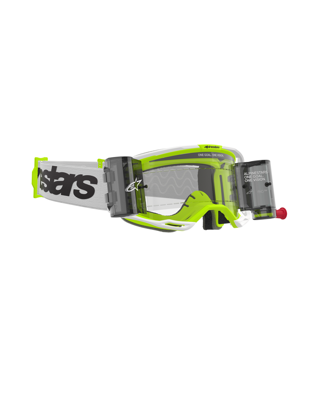 Alpinestars Vision 8 Wordmark Goggles Roll Off, óculos de motocross, armação branca e amarelo fluorescente, lente transparente com recipientes roll-off integrados, correia tecida branca com logótipo preto, óculos de alto desempenho para todo-o-terreno