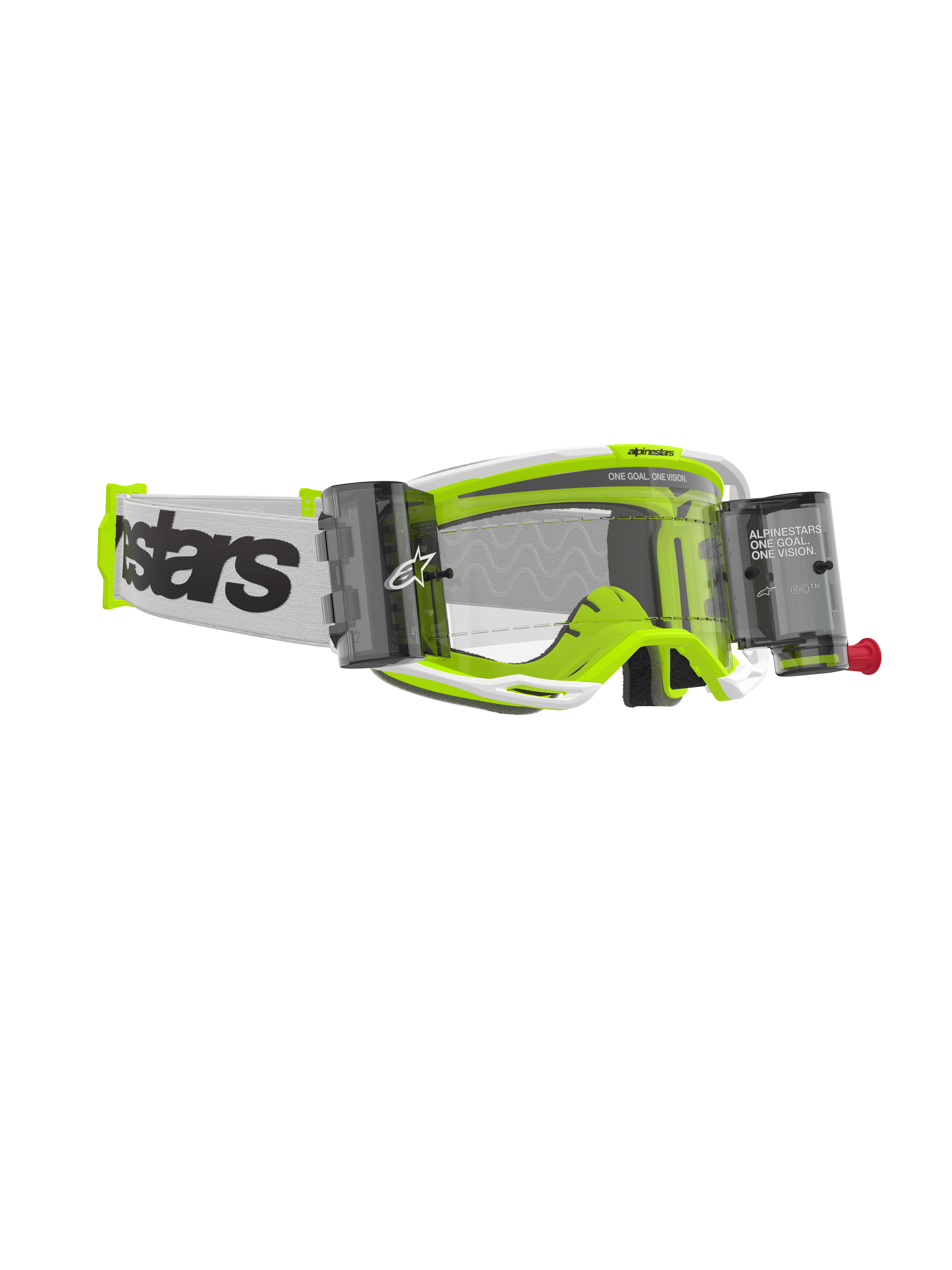 Alpinestars Vision 8 Wordmark Goggles Roll Off, óculos de motocross, armação branca e amarelo fluorescente, lente transparente com recipientes roll-off integrados, correia tecida branca com logótipo preto, óculos de alto desempenho para todo-o-terreno
