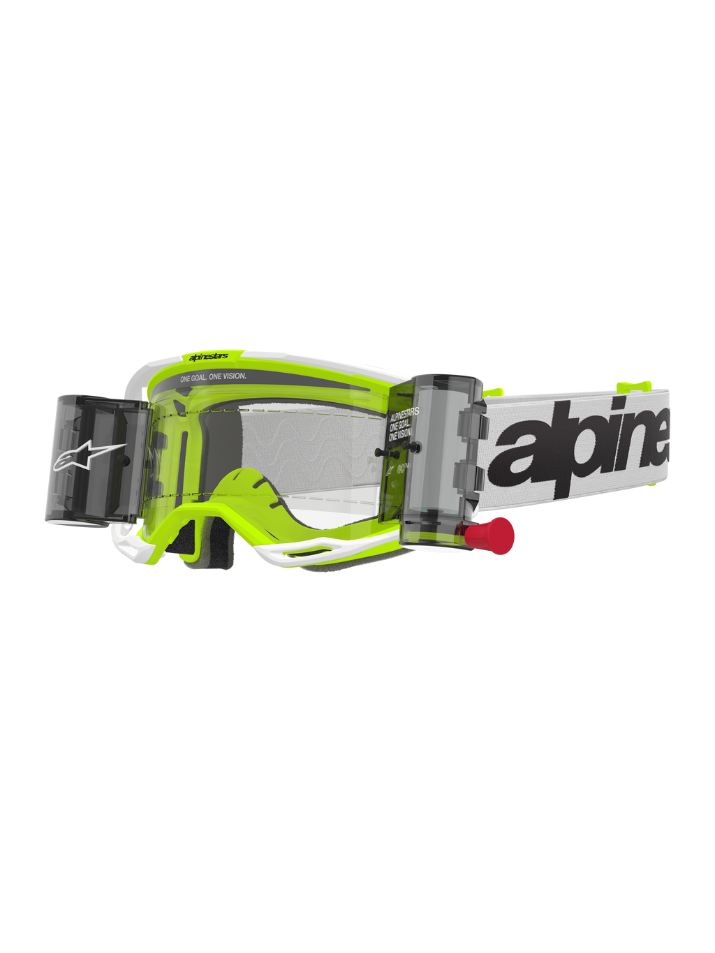 Alpinestars Vision 8 Wordmark Goggles Roll Off, óculos de motocross, branco e amarelo fluorescente, lente transparente com sistema roll-off, fita branca com logótipo Alpinestars preto, puxador vermelho, proteção ocular profissional para competição todo-o-terreno