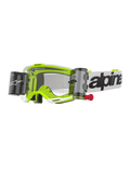 Alpinestars Vision 8 Wordmark Goggles Roll Off, óculos de motocross, branco e amarelo fluorescente, lente transparente com sistema roll-off, fita branca com logótipo Alpinestars preto, puxador vermelho, proteção ocular profissional para competição todo-o-terreno