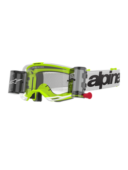 Alpinestars Vision 8 Wordmark Goggles Roll Off, Motocross Goggles, White and Fluorescent Yellow, Clear Lens with Roll-Off System, white strap with black Alpinestars wordmark, red pull tab, professional off-road racing eye protection