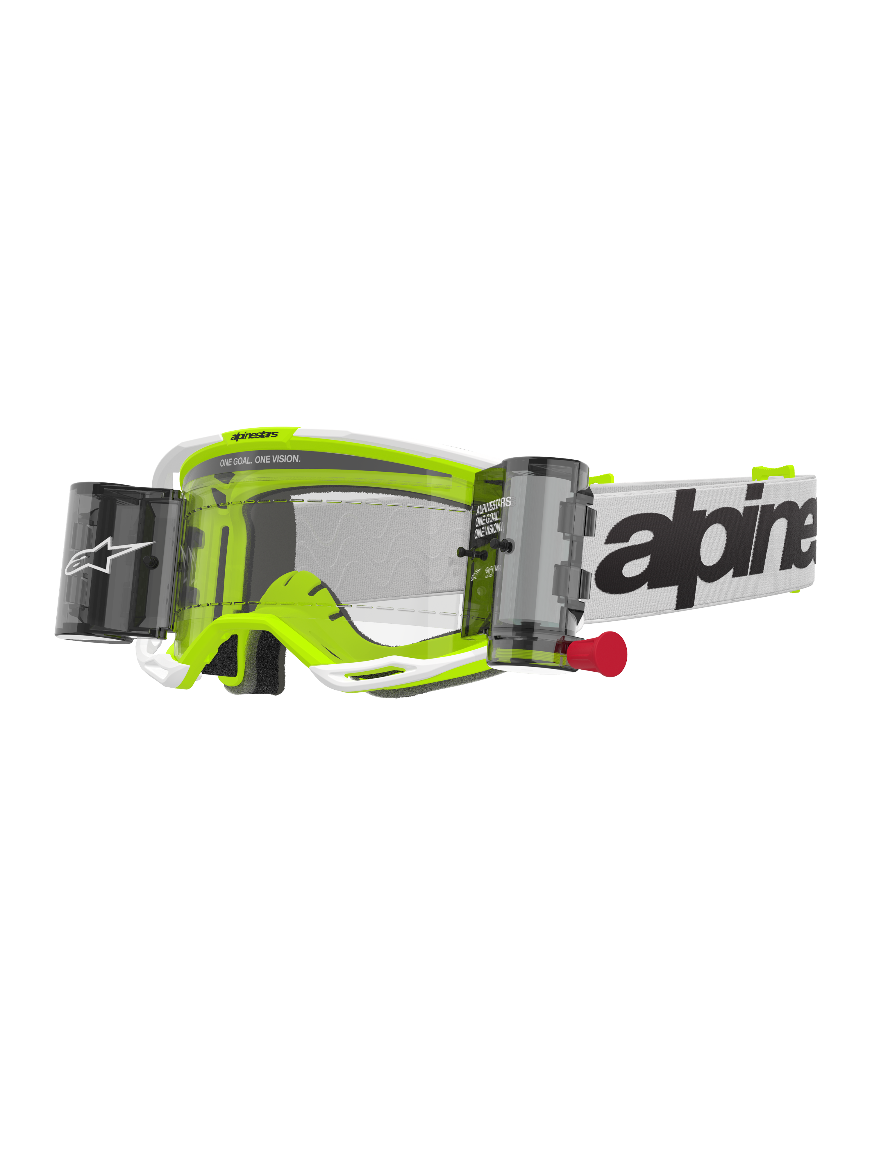 Alpinestars Vision 8 Wordmark Goggles Roll Off, óculos de motocross, branco e amarelo fluorescente, lente transparente com sistema roll-off, fita branca com logótipo Alpinestars preto, puxador vermelho, proteção ocular profissional para competição todo-o-terreno