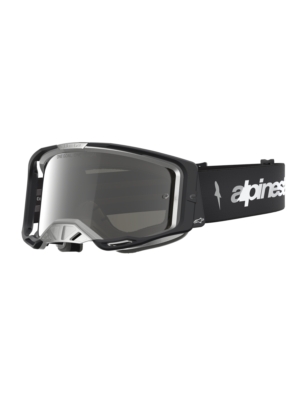 Óculos Alpinestars Vision 8 Âmbar Espelhado de motocross, pretos e prateados com armação A-FLEX e lente espelhada.