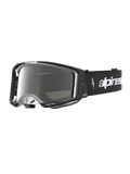 Óculos Alpinestars Vision 8 Âmbar Espelhado de motocross, pretos e prateados com armação A-FLEX e lente espelhada.