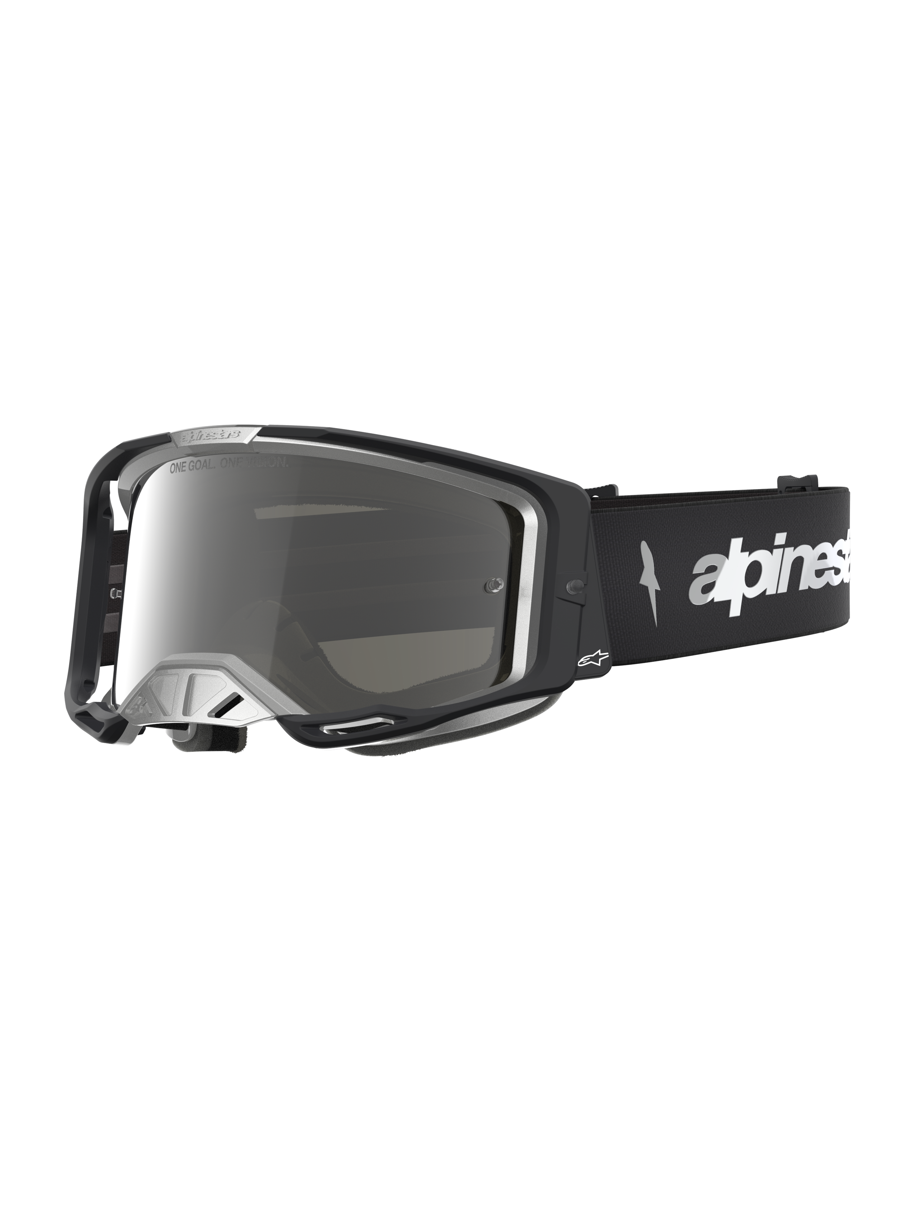 Óculos Alpinestars Vision 8 Âmbar Espelhado de motocross, pretos e prateados com armação A-FLEX e lente espelhada.