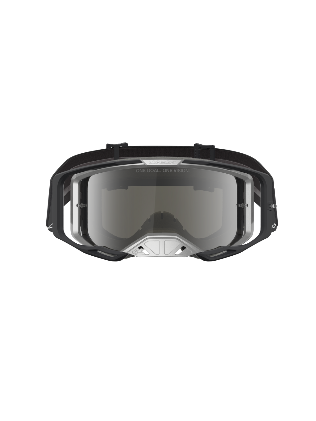 Alpinestars Vision 8 Âmbar Espelhado, óculos de motocross pretos e prateados, lente espelhada e ventilação RAM-AIR.