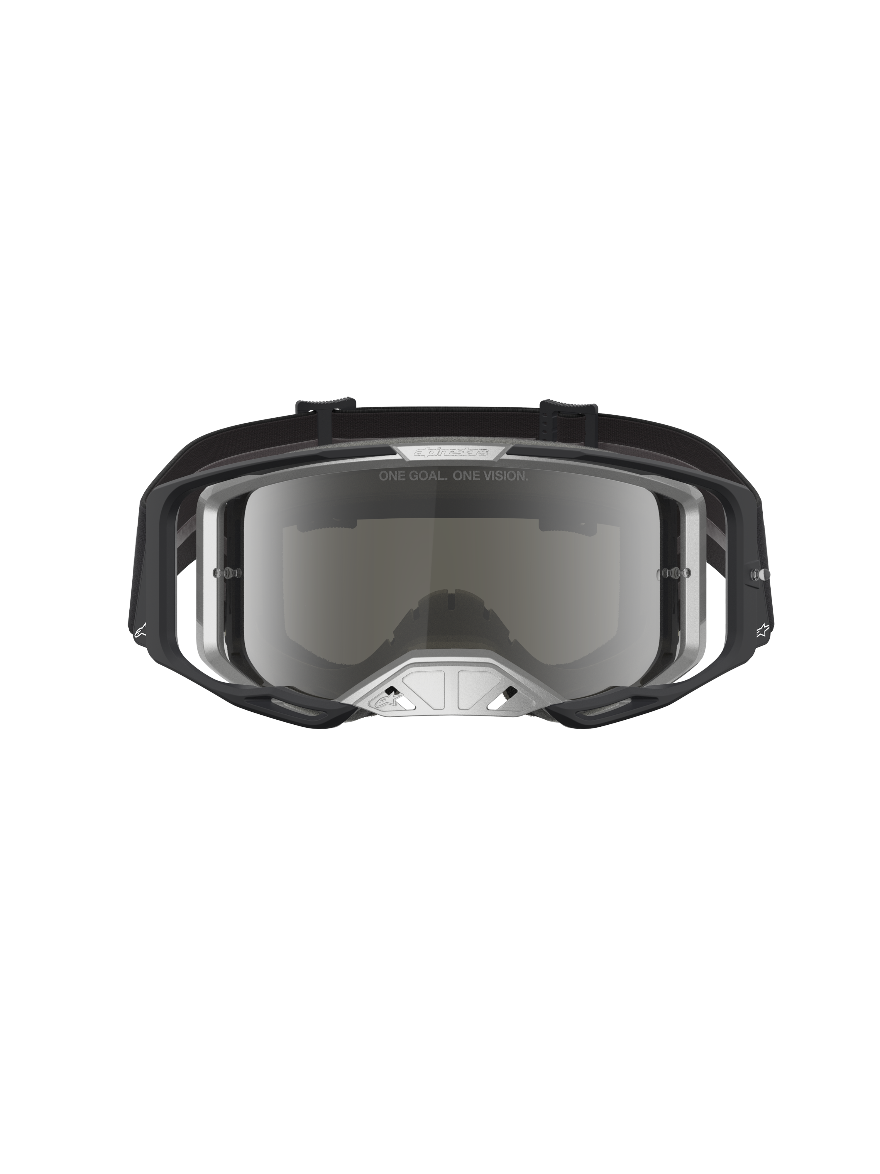 Alpinestars Vision 8 Âmbar Espelhado, óculos de motocross pretos e prateados, lente espelhada e ventilação RAM-AIR.