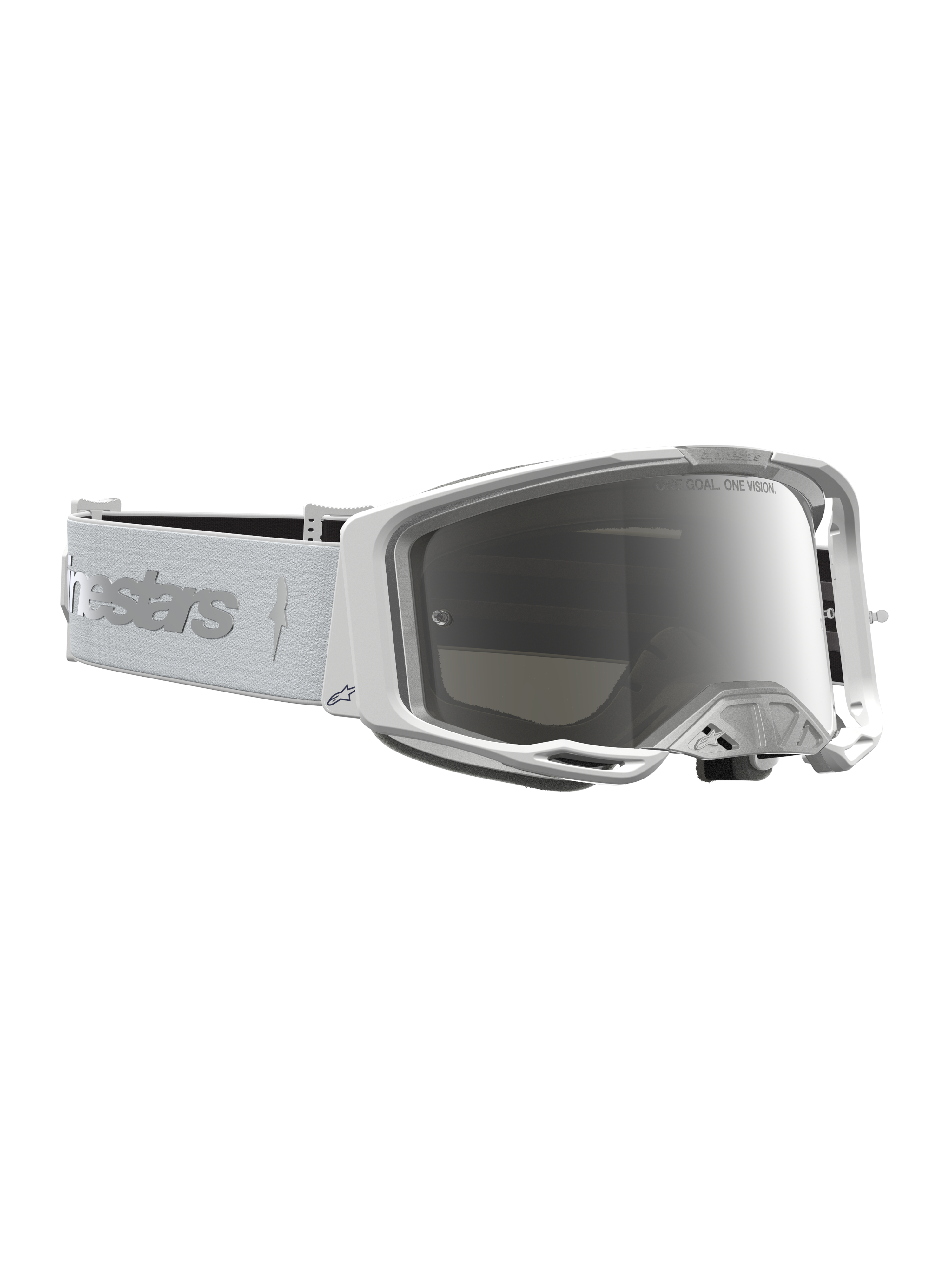 Alpinestars Vision 8 Amber, óculos de motocross, brancos e prateados, com lente espelhada e armação A-FLEX para off-road.