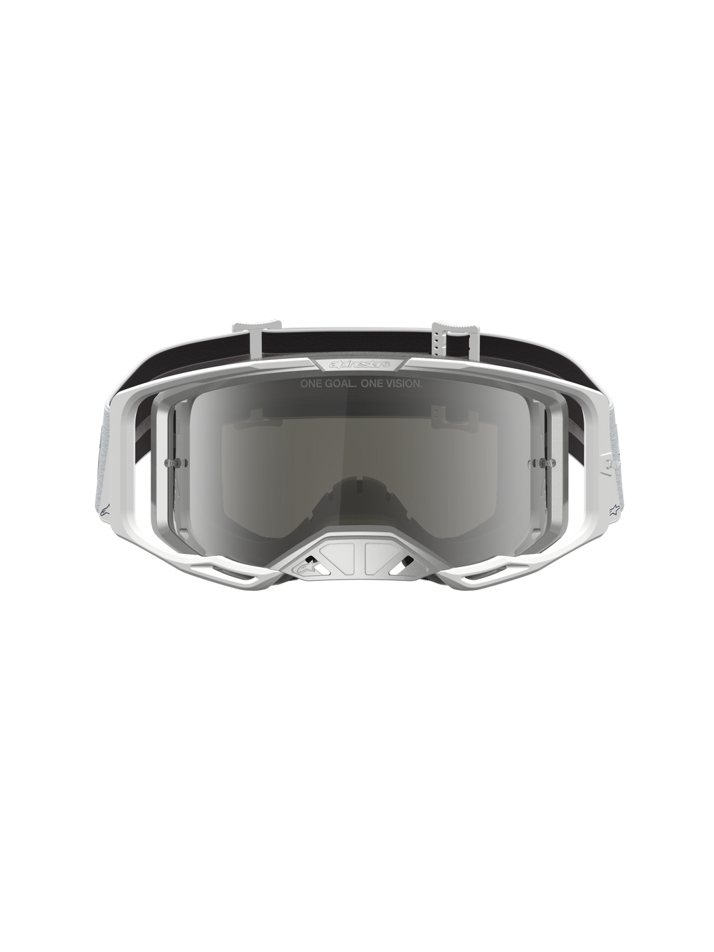 Alpinestars Vision 8 Amber, óculos de motocross brancos e prateados, com lente espelhada anti-embaciamento e armação A-FLEX.