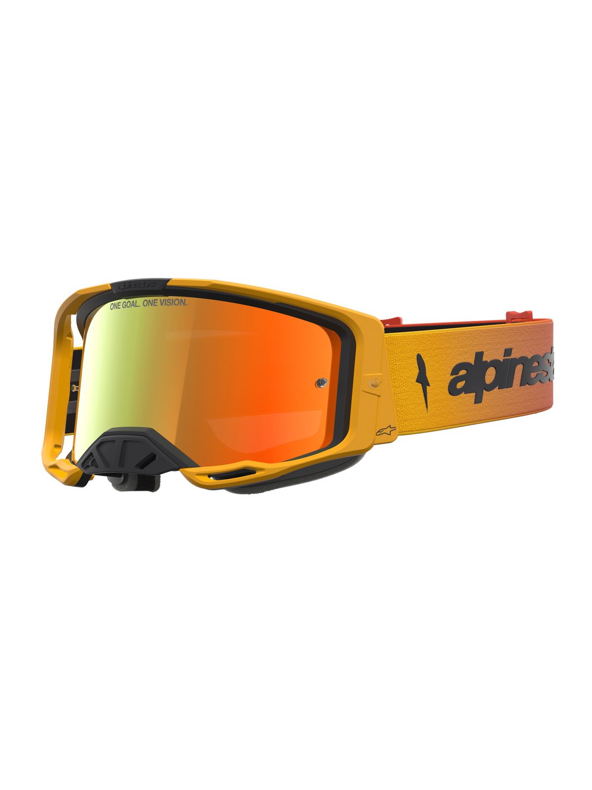 Alpinestars Vision 8 Amber Mirror, óculos de motocross amarelos e vermelhos, armação A-FLEX e lente espelhada.
