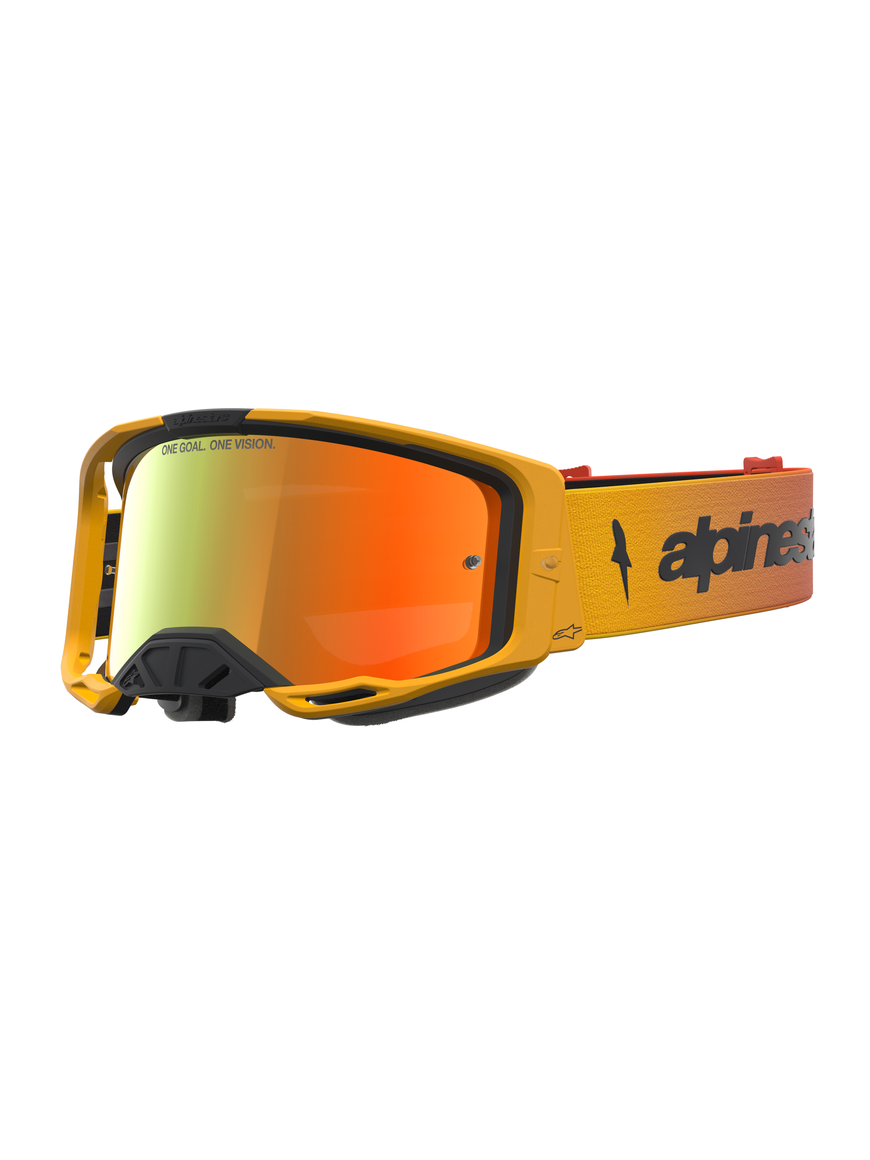 Alpinestars Vision 8 Amber Mirror, óculos de motocross amarelos e vermelhos, armação A-FLEX e lente espelhada.