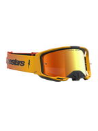 Alpinestars Vision 8 Âmbar Espelhados, óculos de motocross com armação âmbar e lente espelhada vermelha antiembaciamento.