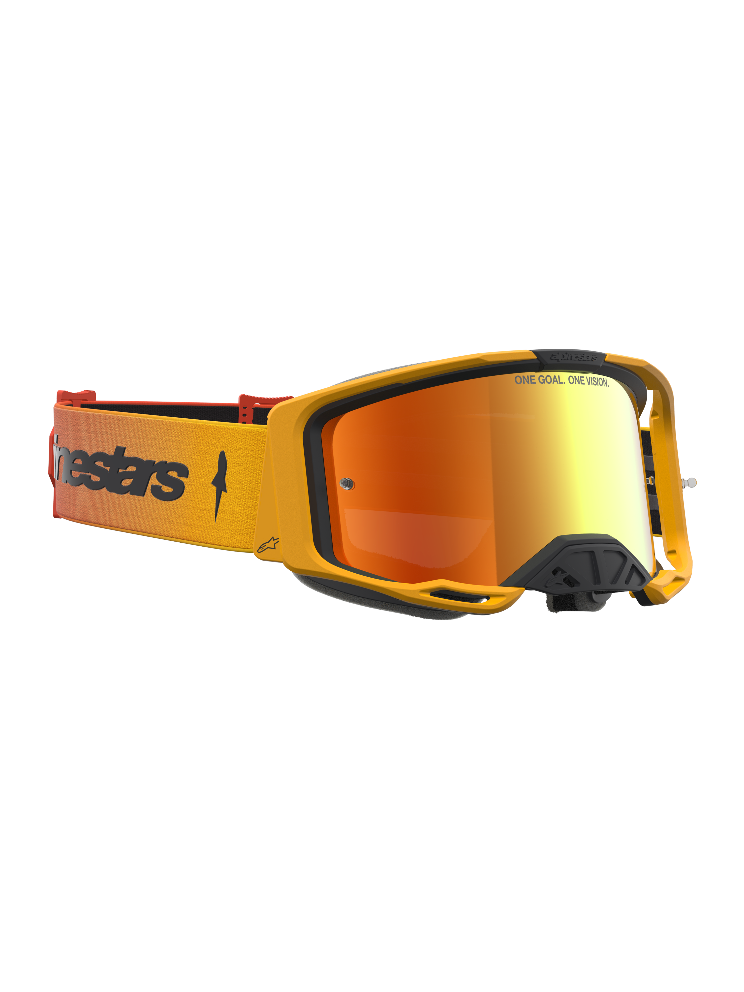 Alpinestars Vision 8 Âmbar Espelhados, óculos de motocross com armação âmbar e lente espelhada vermelha antiembaciamento.