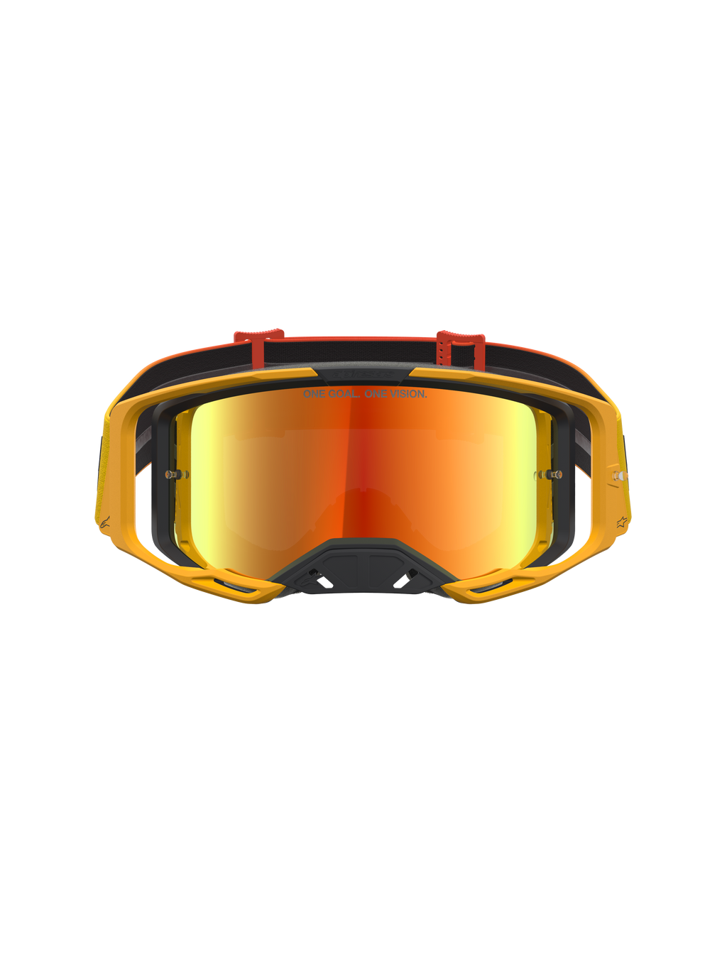 Alpinestars Vision 8 Âmbar Espelhados, óculos de motocross amarelos com lente espelhada vermelha e ventilação RAM-AIR.