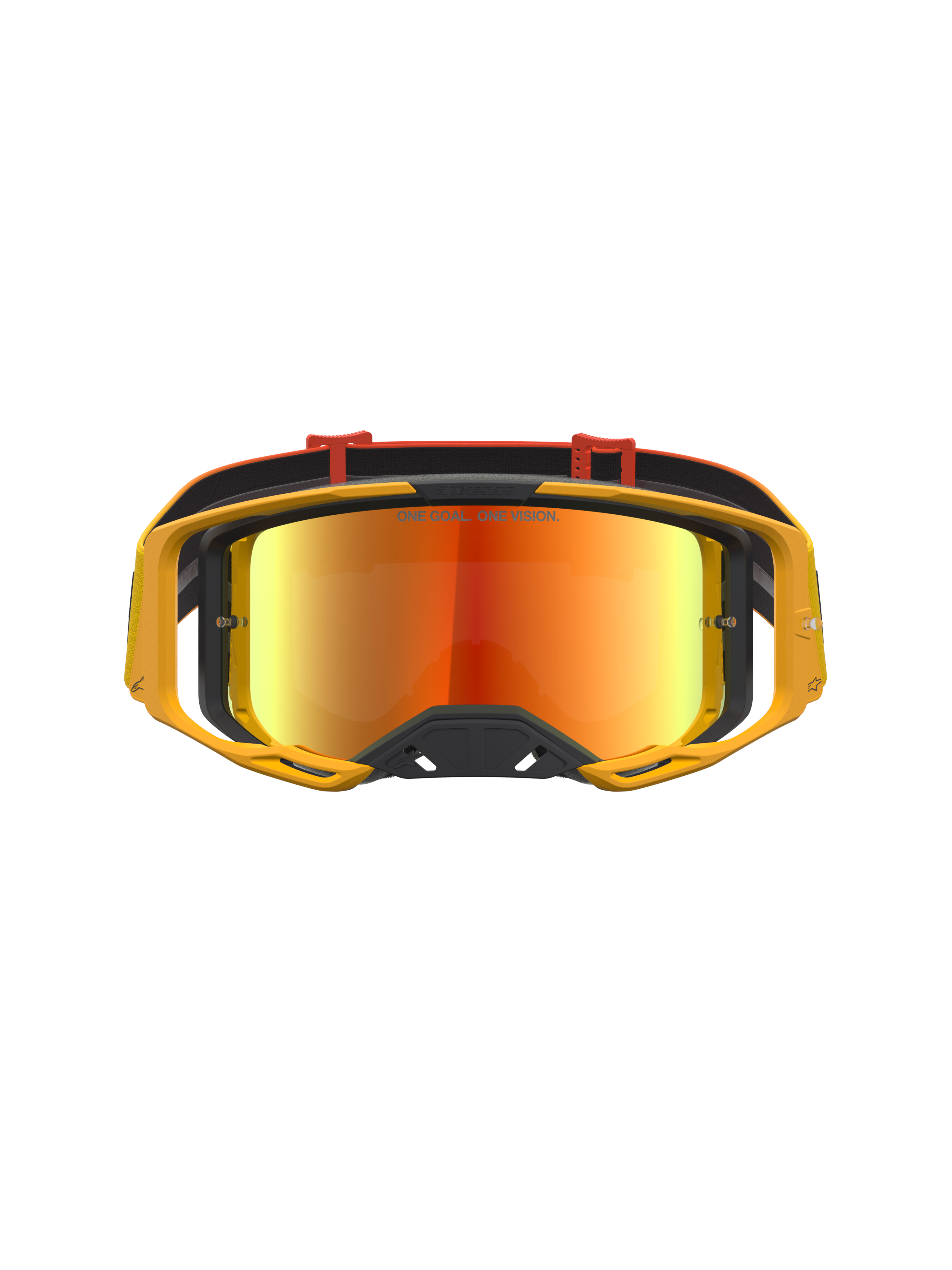 Alpinestars Vision 8 Âmbar Espelhados, óculos de motocross amarelos com lente espelhada vermelha e ventilação RAM-AIR.