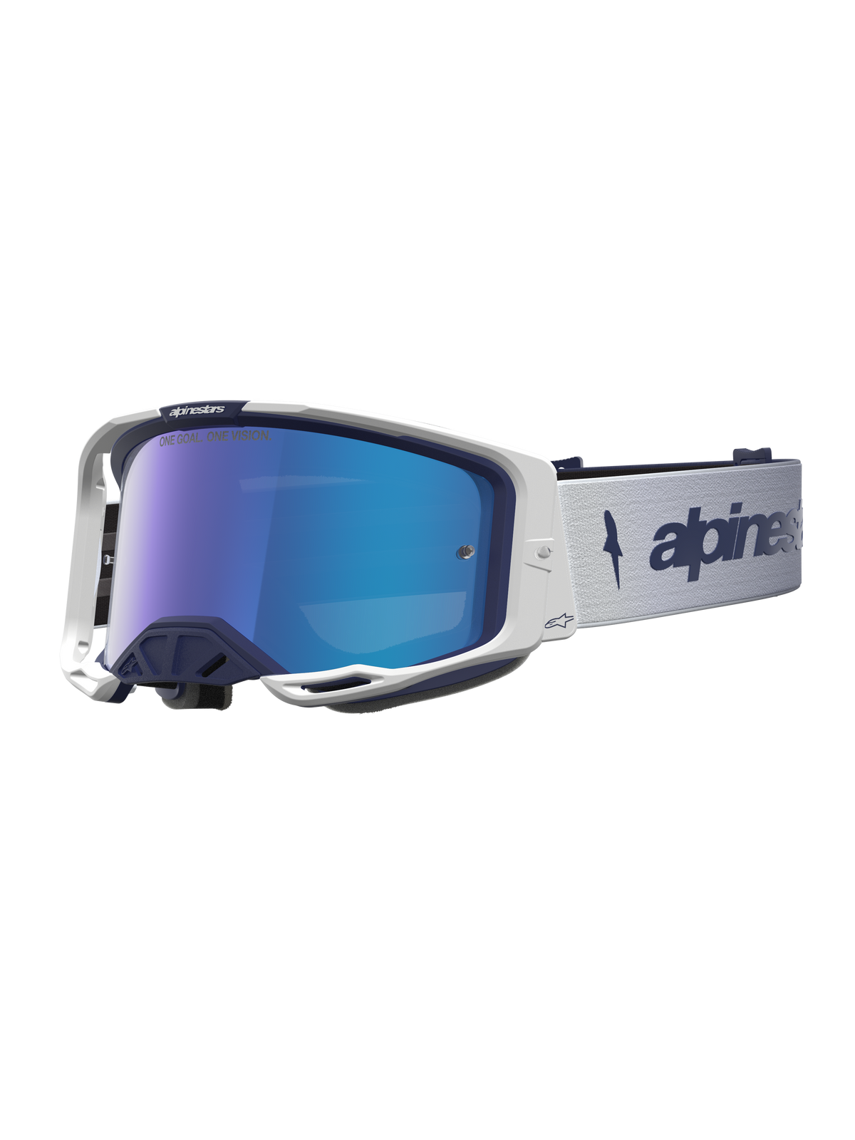 Alpinestars Vision 8 Amber, óculos de motocross, azul-marinho e brancos, lente azul espelhada, armação A-FLEX e RAM-AIR