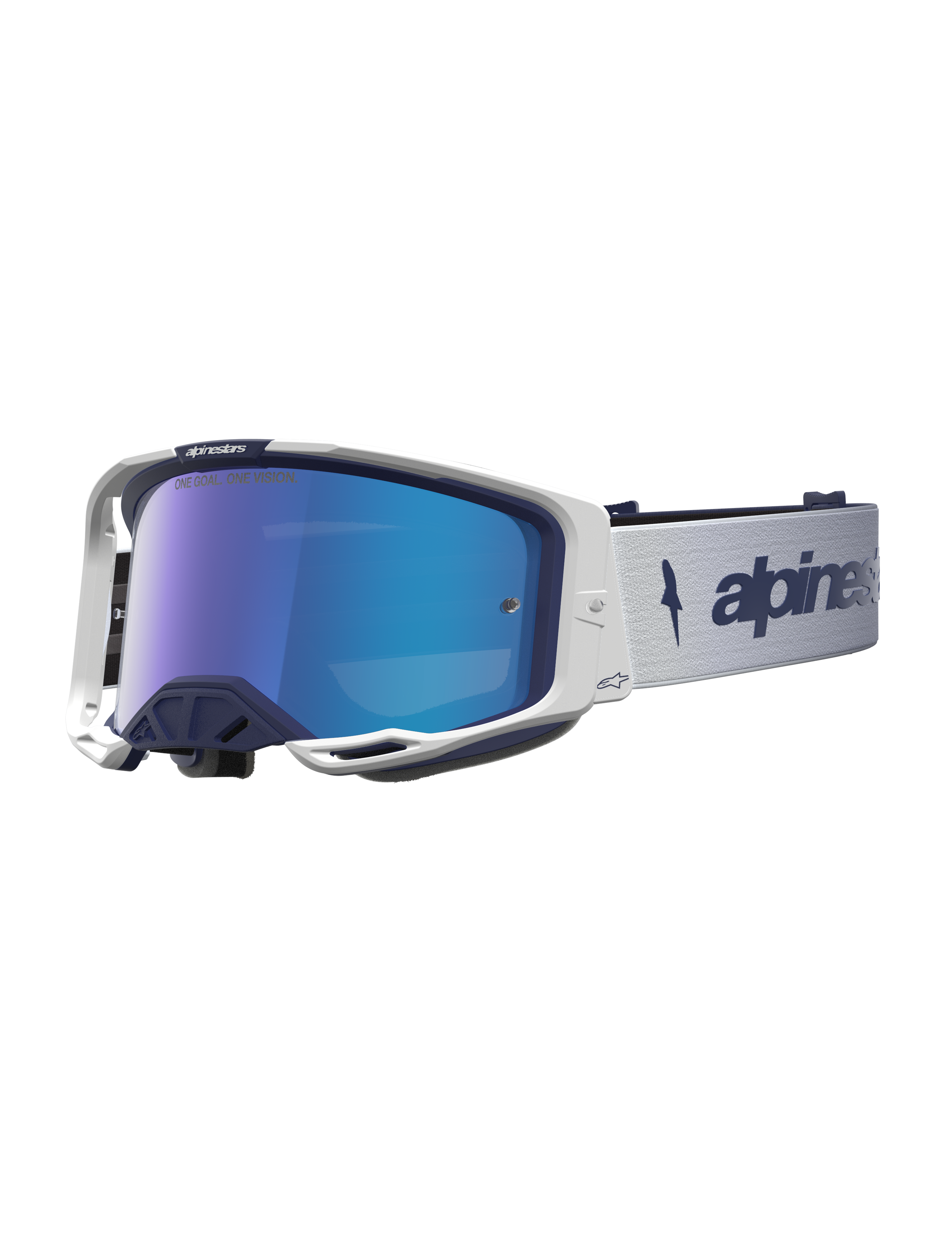 Alpinestars Vision 8 Amber, óculos de motocross, azul-marinho e brancos, lente azul espelhada, armação A-FLEX e RAM-AIR