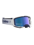 Alpinestars Vision 8 Amber, óculos de motocross azul-marinho e branco com lente espelhada azul e ventilação RAM-AIR.