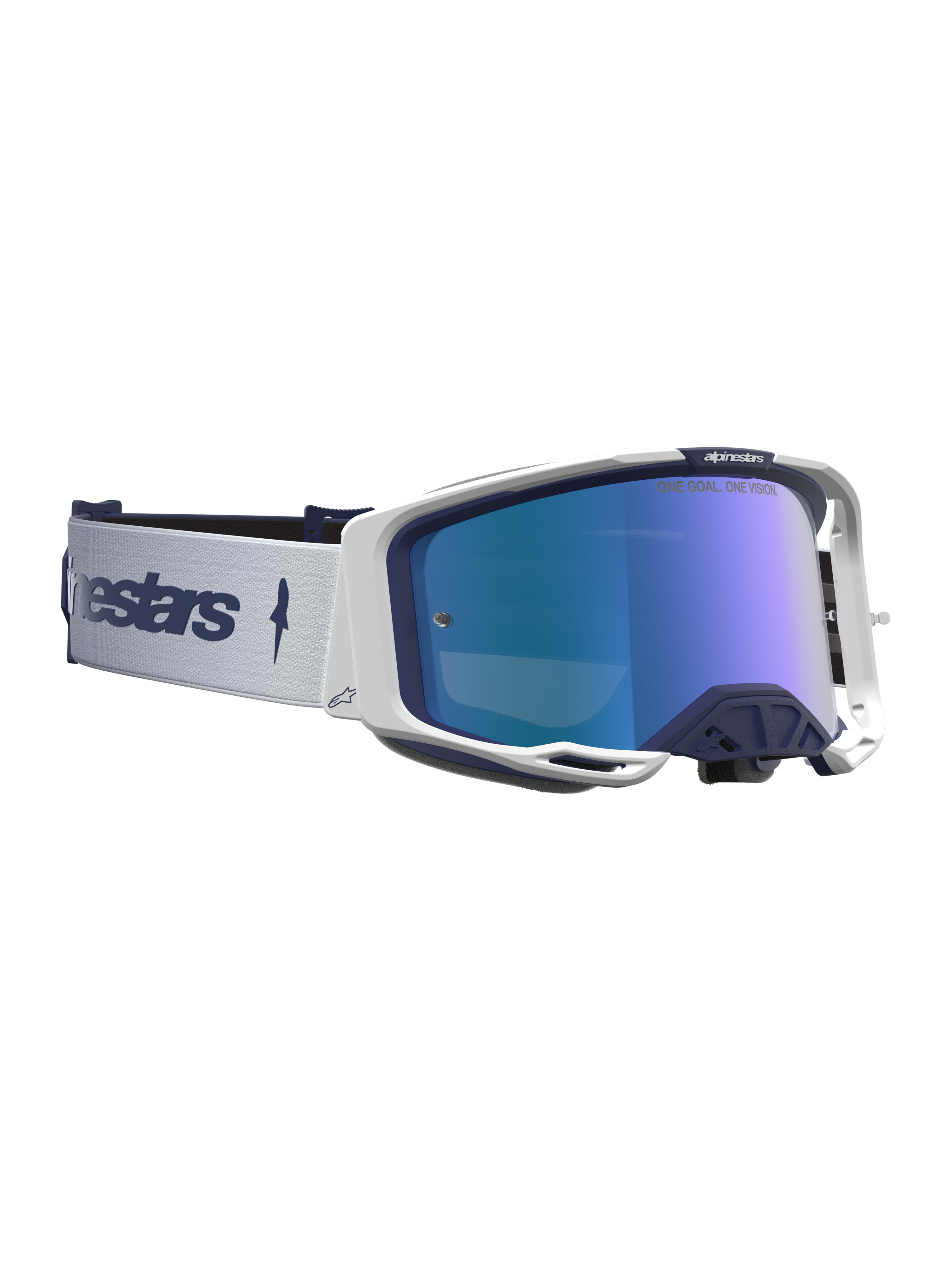 Alpinestars Vision 8 Amber, óculos de motocross azul-marinho e branco com lente espelhada azul e ventilação RAM-AIR.