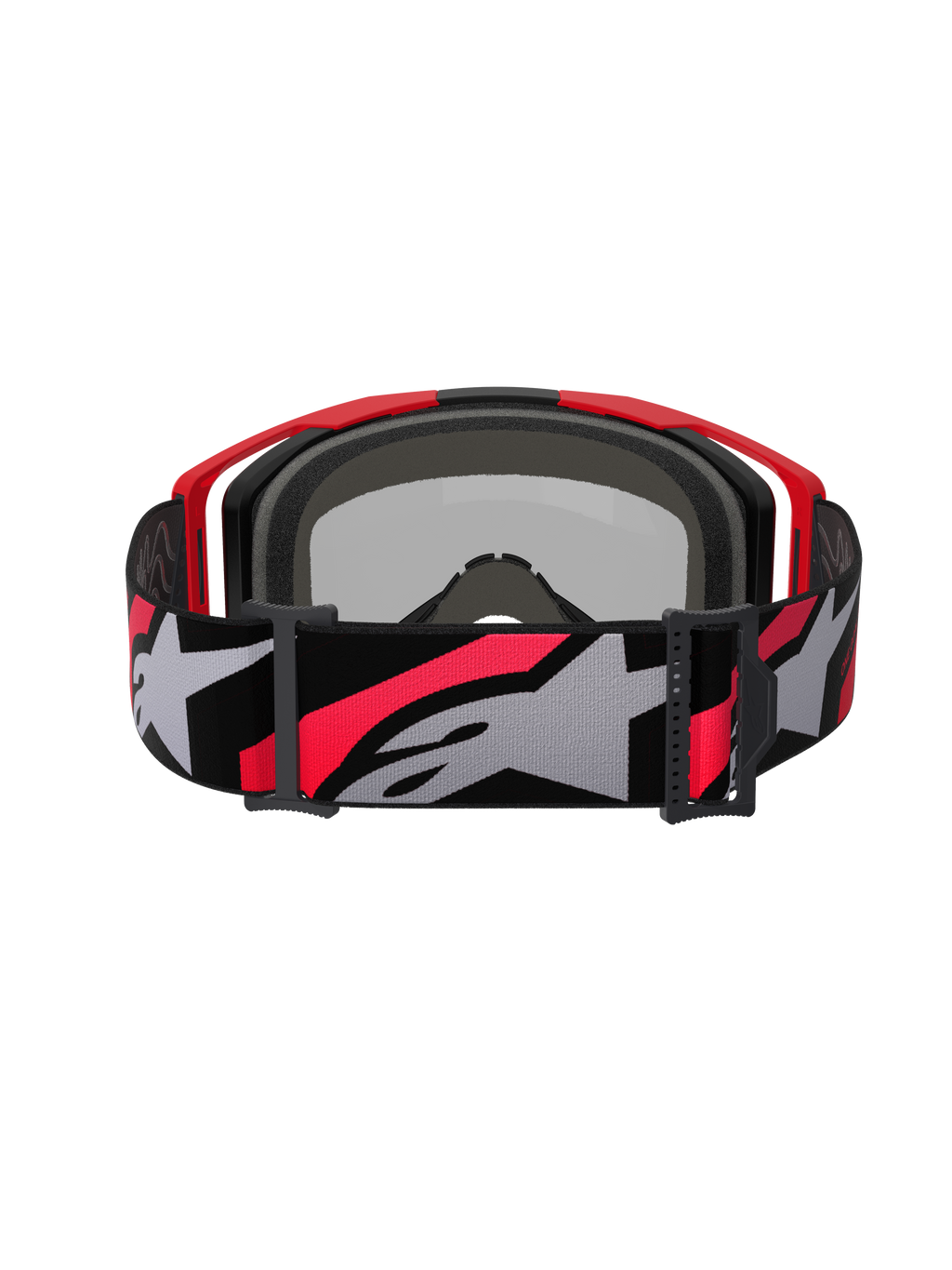 Óculos Alpinestars Vision 8 Luar, óculos de motocross, vermelho, preto e prateado espelhado, correia tecida larga com logótipo Alpinestars em cinzento e vermelho, vista traseira mostrando a espuma facial preta e a armação vermelha, proteção ocular de alto desempenho