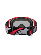 Óculos Alpinestars Vision 8 Luar, óculos de motocross, vermelho, preto e prateado espelhado, correia tecida larga com logótipo Alpinestars em cinzento e vermelho, vista traseira mostrando a espuma facial preta e a armação vermelha, proteção ocular de alto desempenho