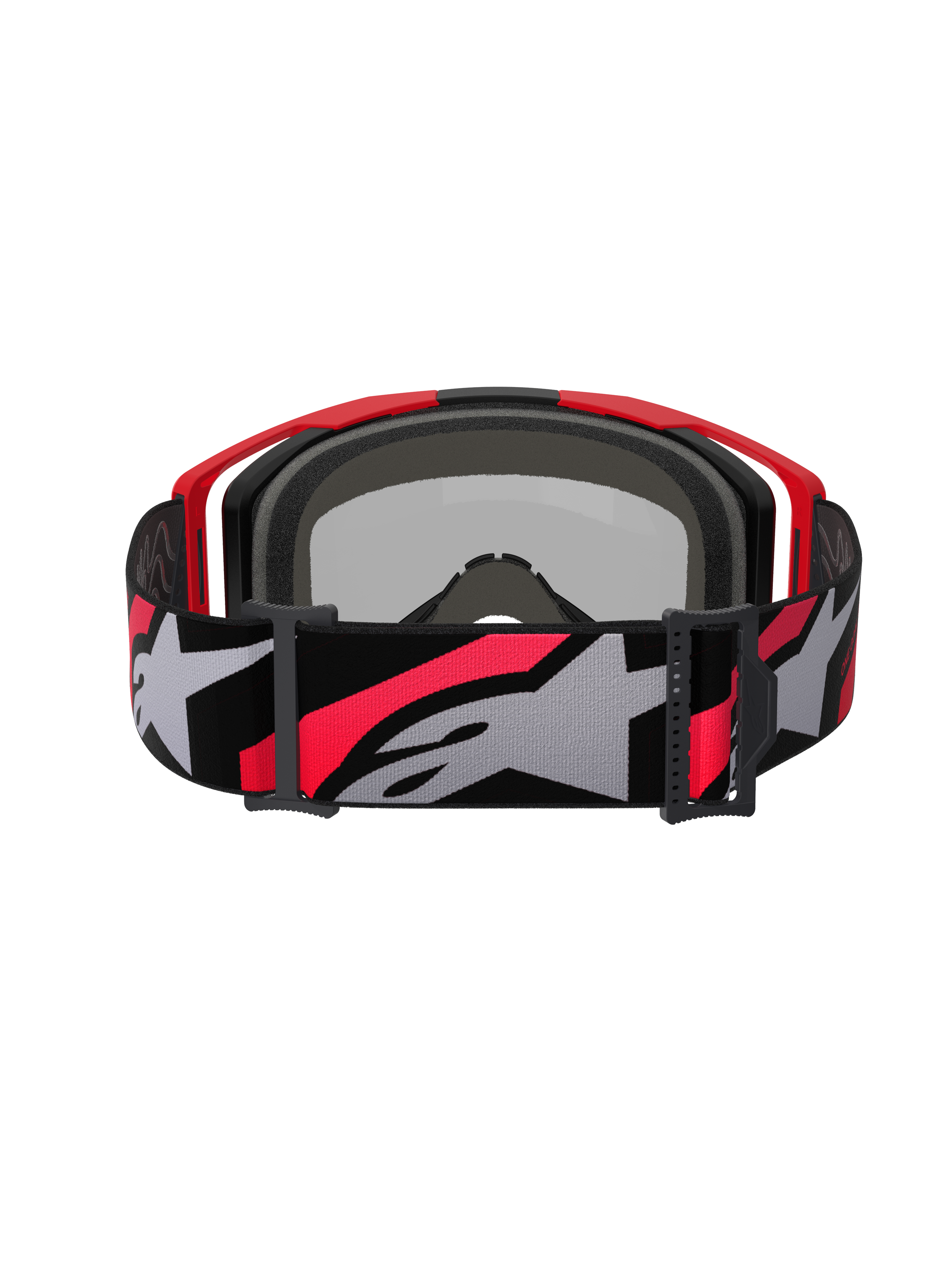 Óculos Alpinestars Vision 8 Luar, óculos de motocross, vermelho, preto e prateado espelhado, correia tecida larga com logótipo Alpinestars em cinzento e vermelho, vista traseira mostrando a espuma facial preta e a armação vermelha, proteção ocular de alto desempenho