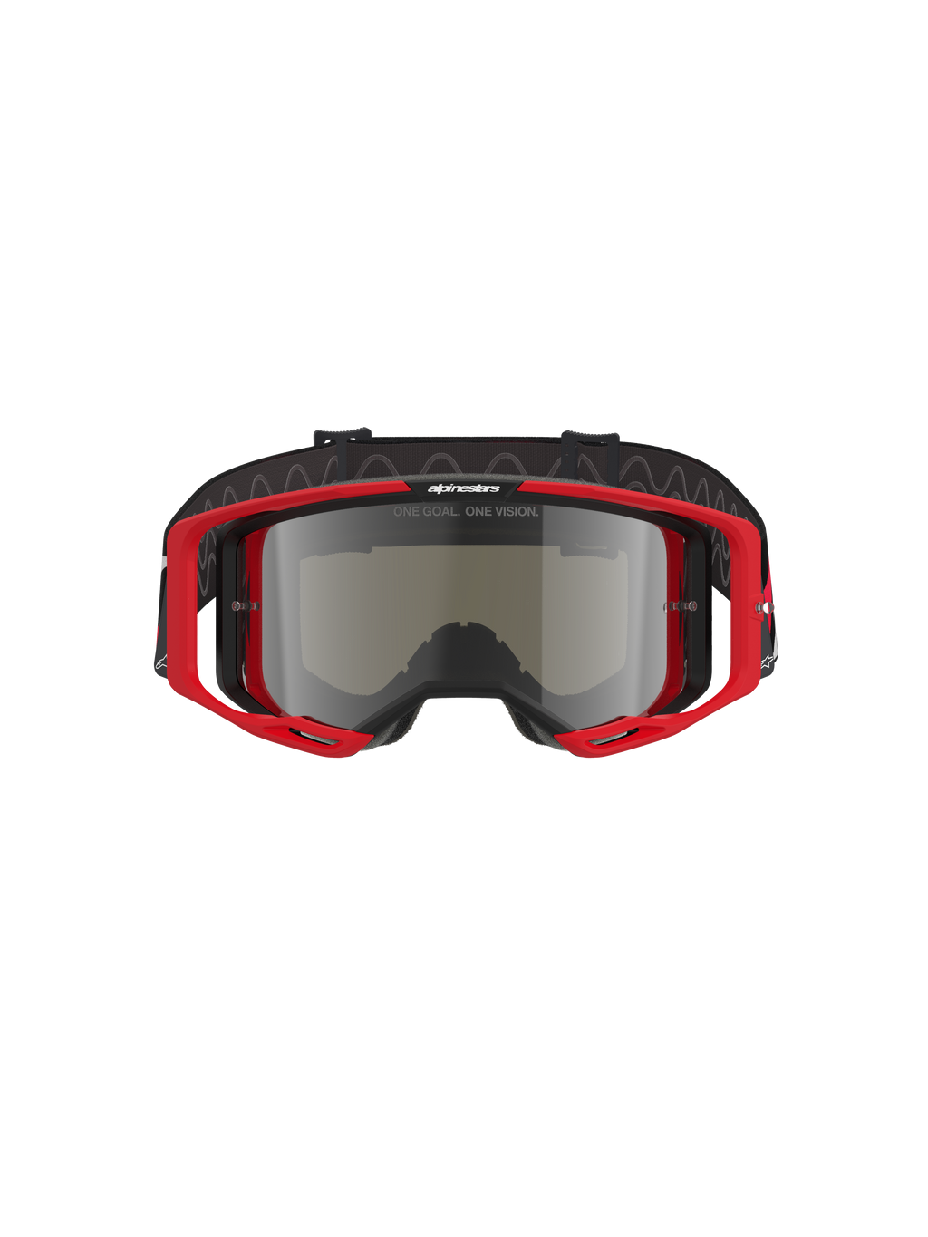 Alpinestars Vision 8 Luar Goggles, óculos de motocross, armação vermelha e preta com lente espelhada prateada, design de alta performance com campo de visão amplo, logótipo em destaque na correia e na armação, adequados para corridas de motocross e todo-o-terreno