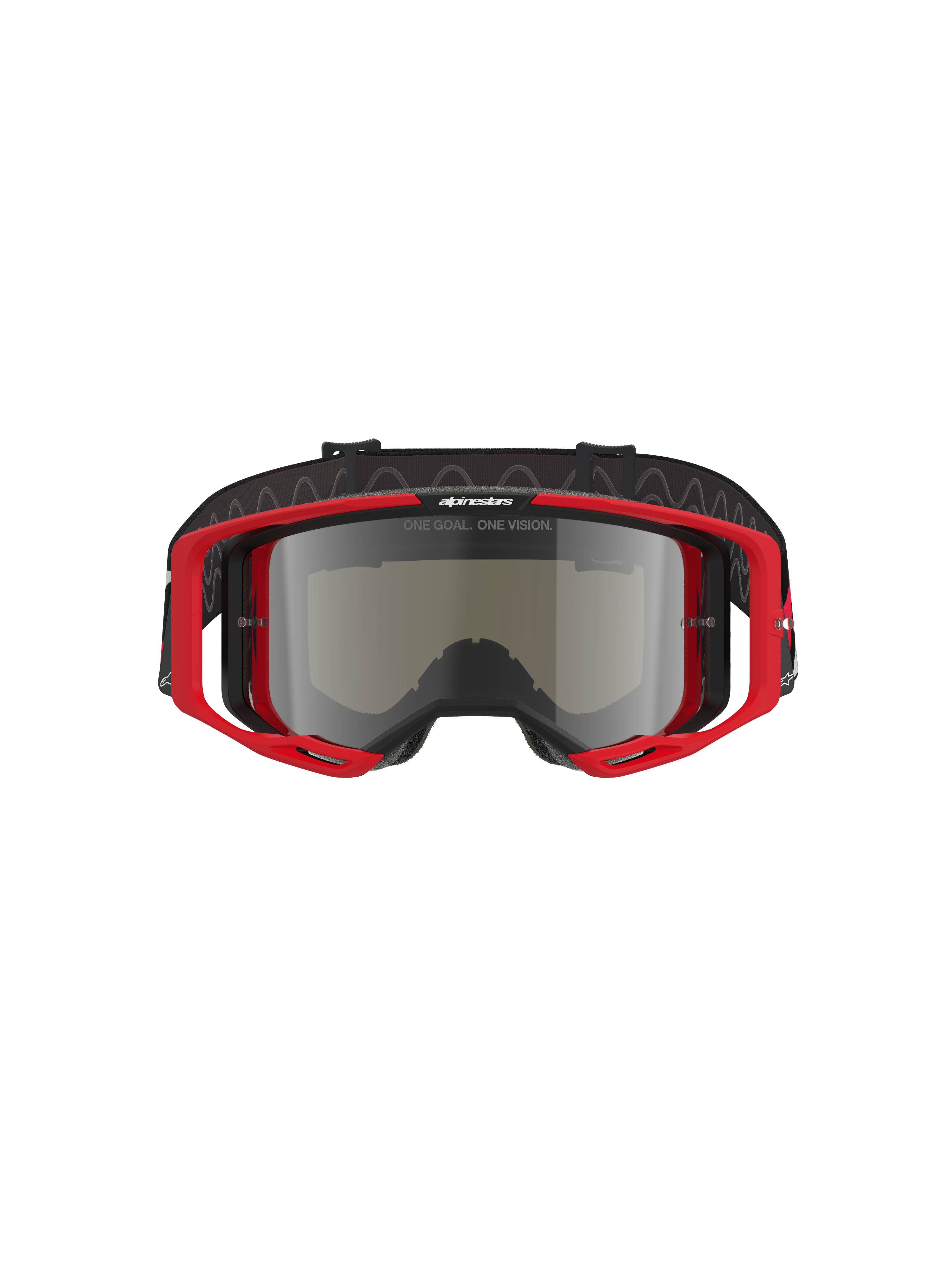 Alpinestars Vision 8 Luar Goggles, óculos de motocross, armação vermelha e preta com lente espelhada prateada, design de alta performance com campo de visão amplo, logótipo em destaque na correia e na armação, adequados para corridas de motocross e todo-o-terreno