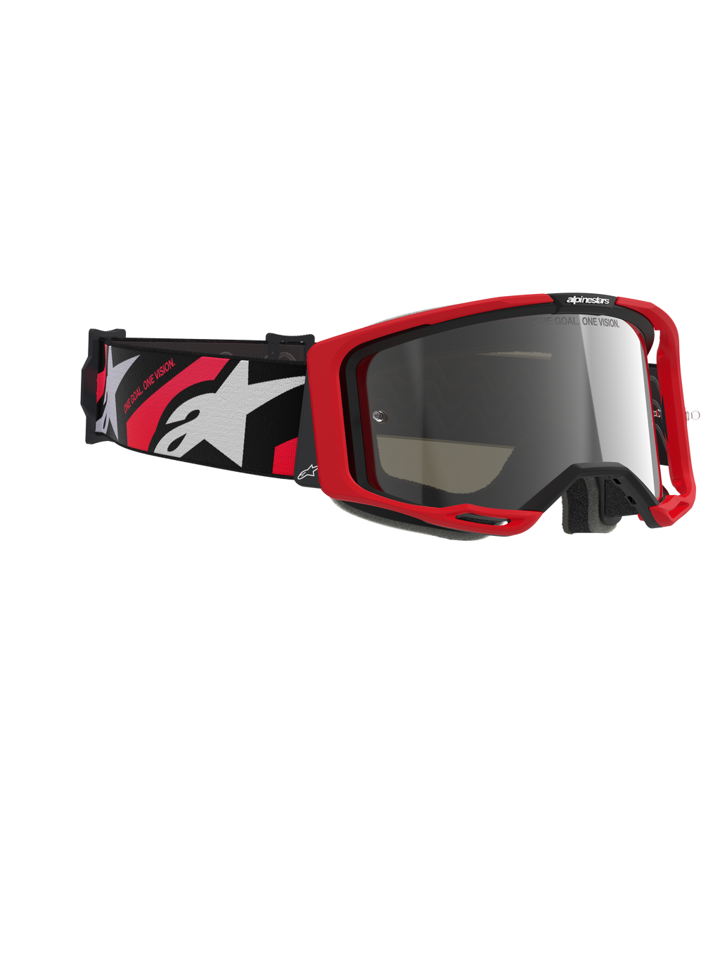 Óculos Alpinestars Vision 8 Luar, óculos de motocross, armação vermelha e preta com lente espelhada prateada, correia tecida larga com logótipo Alpinestars em vermelho e branco e o texto "ONE GOAL. ONE VISION.", proteção ocular de alta performance para corridas todo-o-terreno