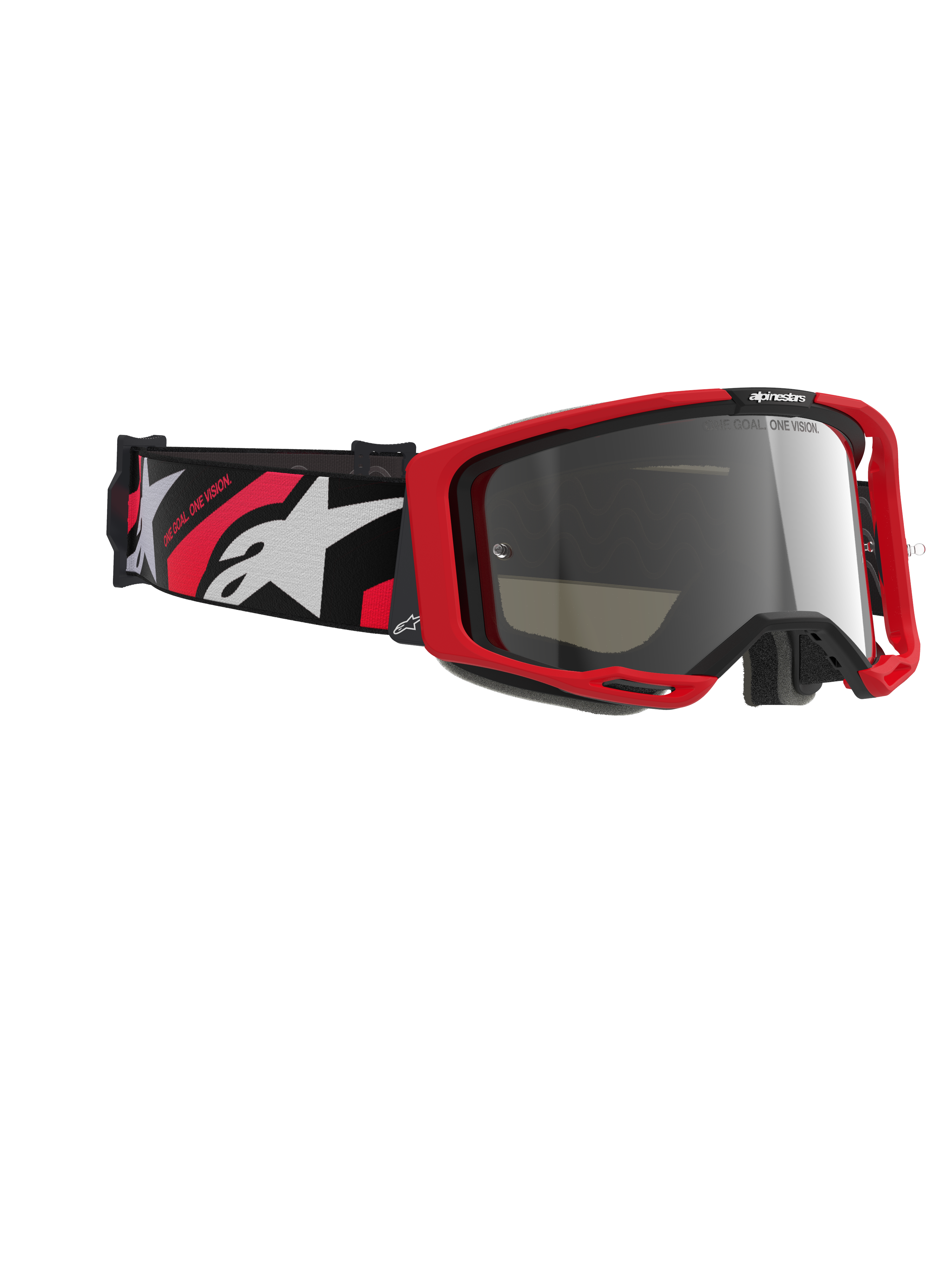 Óculos Alpinestars Vision 8 Luar, óculos de motocross, armação vermelha e preta com lente espelhada prateada, correia tecida larga com logótipo Alpinestars em vermelho e branco e o texto "ONE GOAL. ONE VISION.", proteção ocular de alta performance para corridas todo-o-terreno