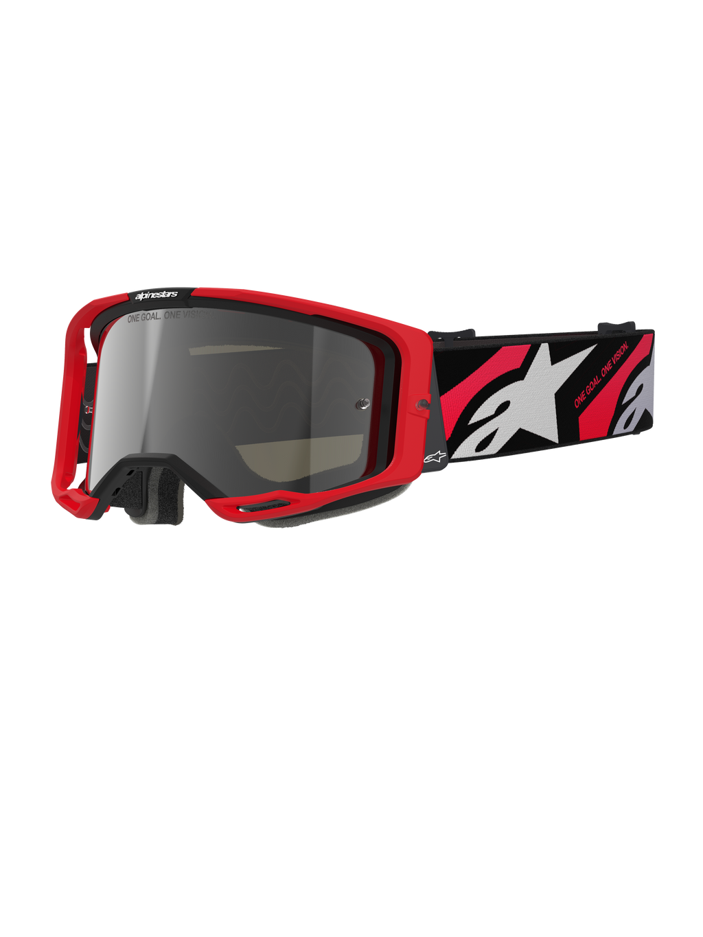 Alpinestars Vision 8 Luar Goggles, óculos de motocross e todo-o-terreno, armação vermelha e preta, lente espelhada prateada, correia larga ajustável com logótipo de estrela branca e texto 'One Goal. One Vision.', design de performance para corridas de motocross