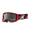 Alpinestars Vision 8 Luar Goggles, óculos de motocross e todo-o-terreno, armação vermelha e preta, lente espelhada prateada, correia larga ajustável com logótipo de estrela branca e texto 'One Goal. One Vision.', design de performance para corridas de motocross