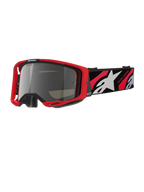 Alpinestars Vision 8 Luar Goggles, óculos de motocross e todo-o-terreno, armação vermelha e preta, lente espelhada prateada, correia larga ajustável com logótipo de estrela branca e texto 'One Goal. One Vision.', design de performance para corridas de motocross