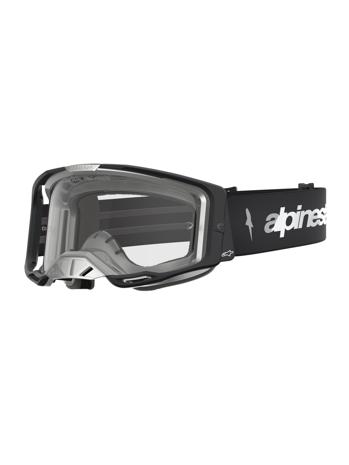 Alpinestars Vision 8 Amber, óculos de motocross pretos e prateados, com lente transparente e ventilação RAM-AIR para proteção em todo-o-terreno.