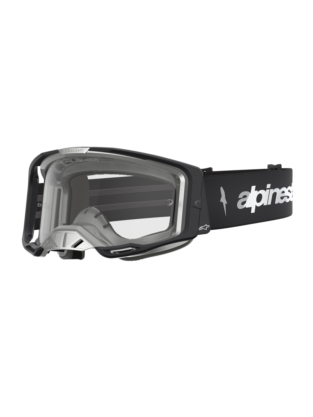 Alpinestars Vision 8 Amber, óculos de motocross pretos e prateados, com lente transparente e ventilação RAM-AIR para proteção em todo-o-terreno.
